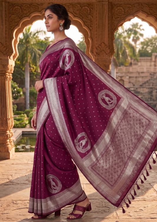 Wine Woven Design Kanjivaram Saree