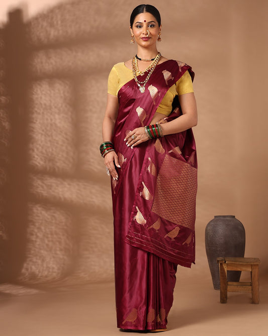 Wine Woven Design Crape Saree