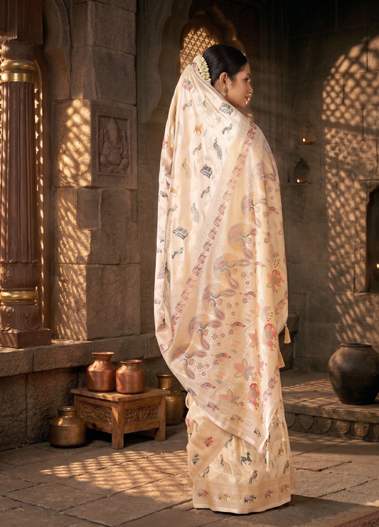 Off White Woven Design Satin Saree