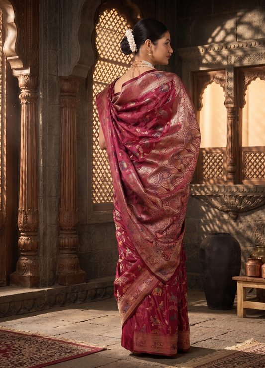 Maroon Woven Design Satin Saree