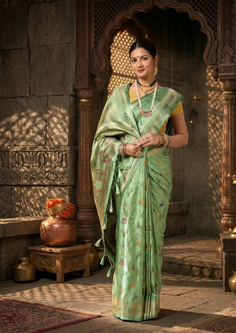 Pista Woven Design Satin Saree
