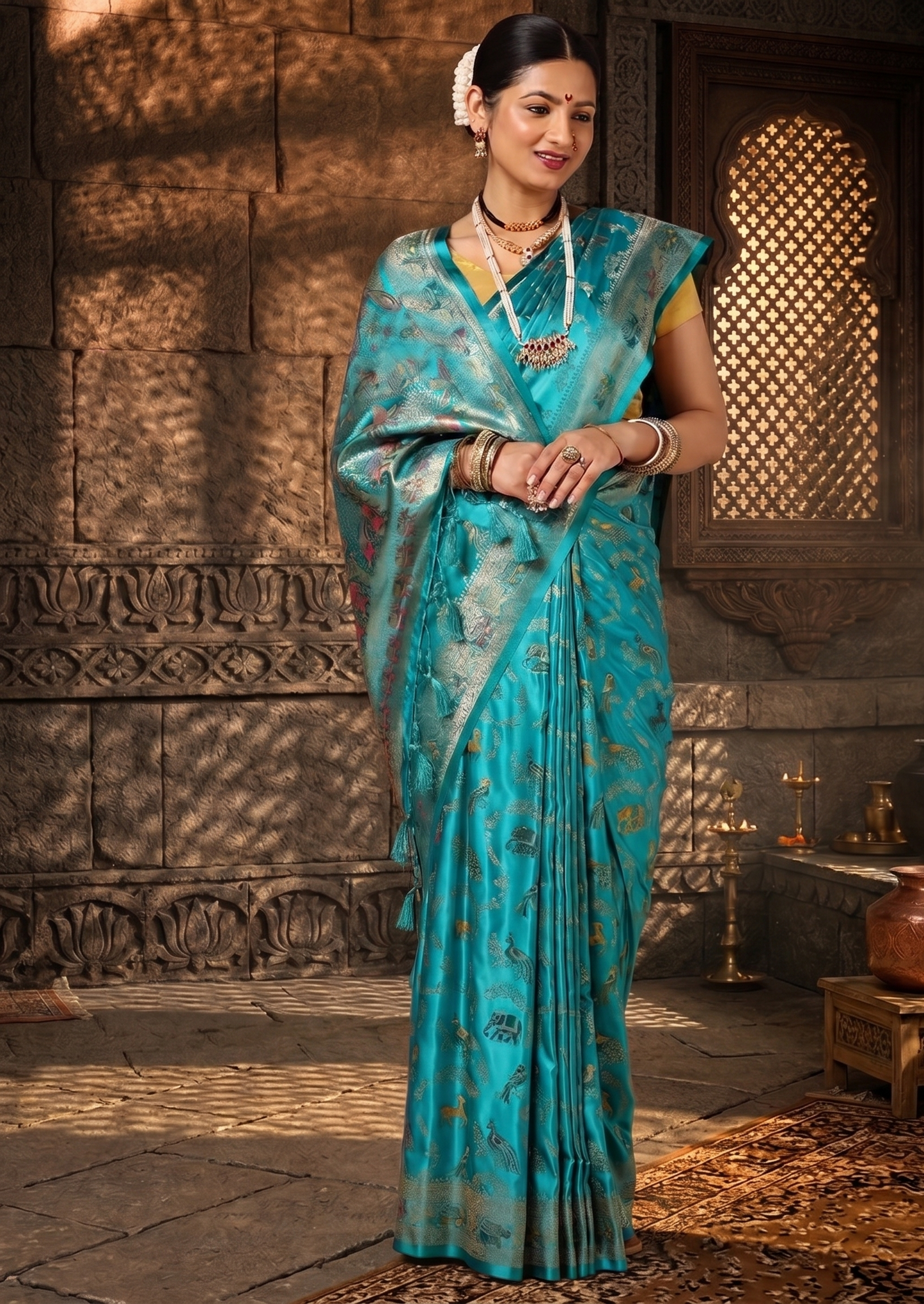 Dark Blue Woven Design Satin Saree