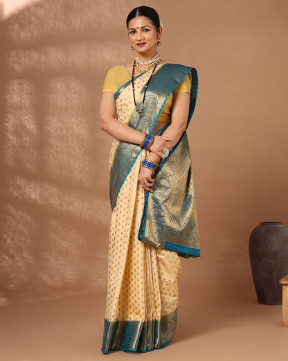 Off White Dark Blue Woven Design Balaton Saree