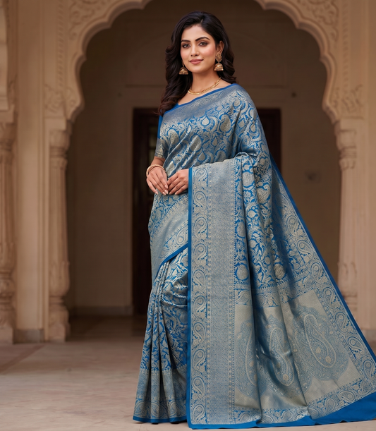 Dark Blue Woven Design Art Silk Kanjivaram Saree