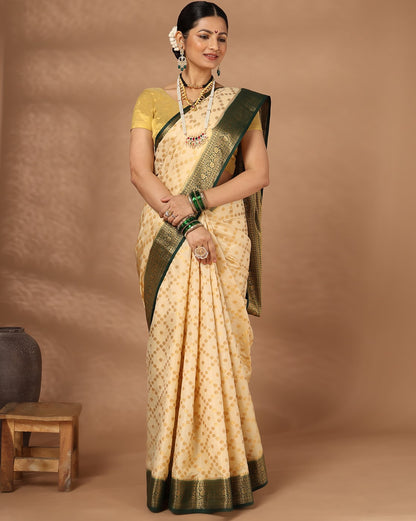 Off White Dark Green Woven Design Balaton Saree