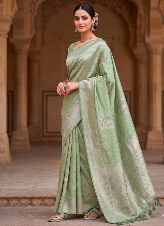 Pista Green Woven Design Kanjivaram Saree