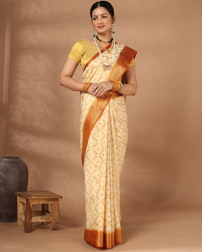 Off White Orange Woven Design Balaton Saree