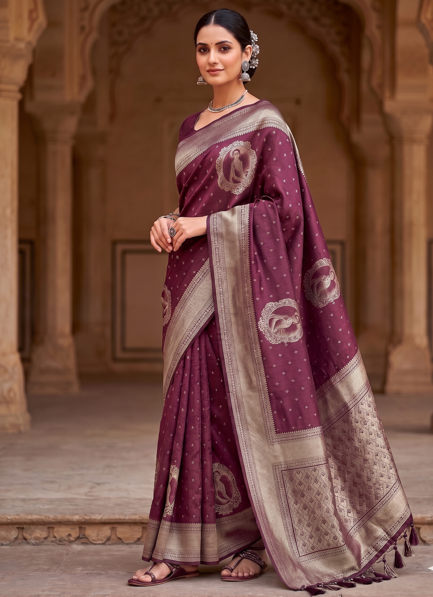 Wine Woven Design Kanjivaram Saree