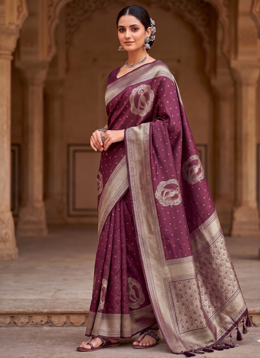 Wine Woven Design Kanjivaram Saree
