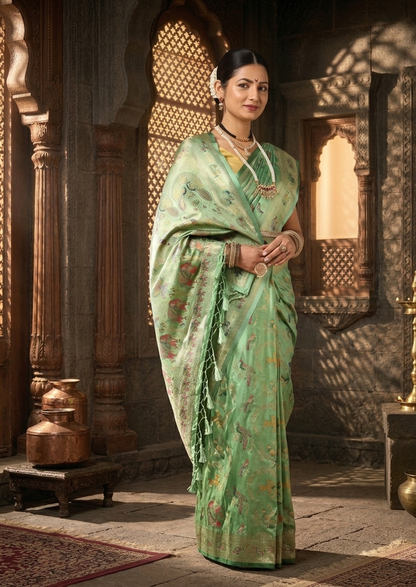 Pista Woven Design Satin Saree