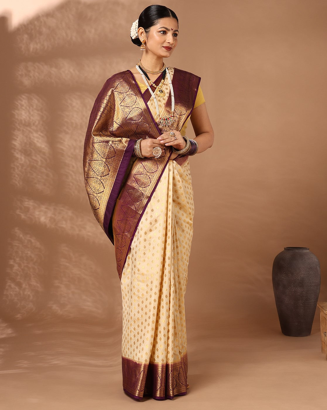 Off White Purple Woven Design Balaton Saree