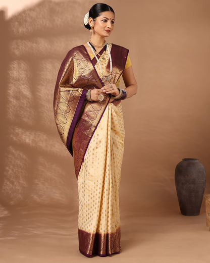 Off White Purple Woven Design Balaton Saree