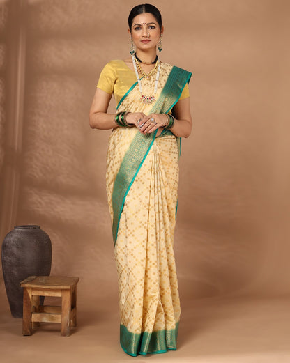 Off White Dark Blue Woven Design Balaton Saree