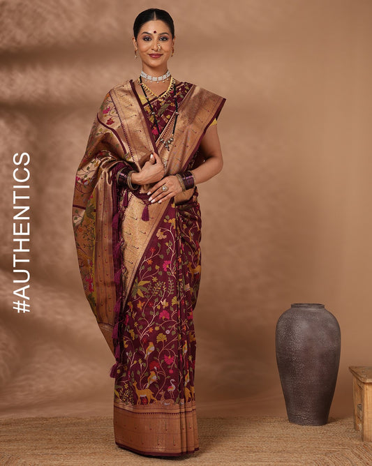 Wine Woven Design Dola Silk Saree