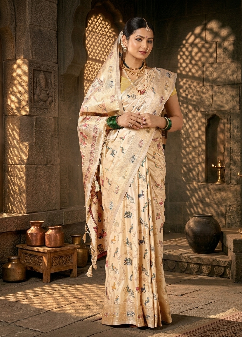 Off White Woven Design Satin Saree