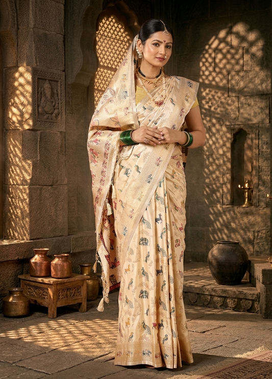 Off White Woven Design Satin Saree