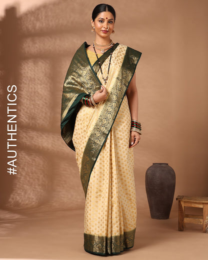 Off White Bottle Green Woven Design Balaton Saree