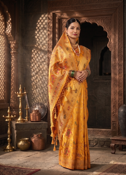 Mustard Woven Design Satin Saree