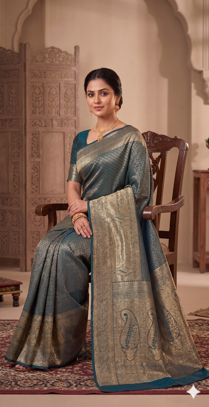 Dark Blue Woven Design Art Silk Kanjivaram Saree