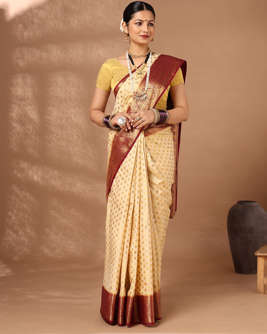 Off White Maroon Woven Design Balaton Saree