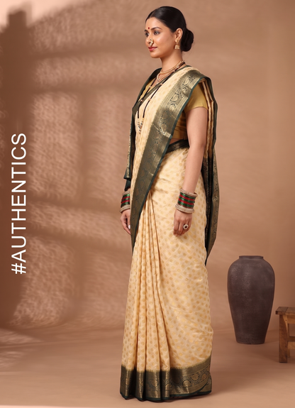 Off White Bottle Green Woven Design Balaton Saree