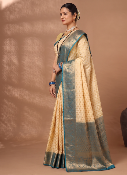 Off White Dark Blue Woven Design Balaton Saree