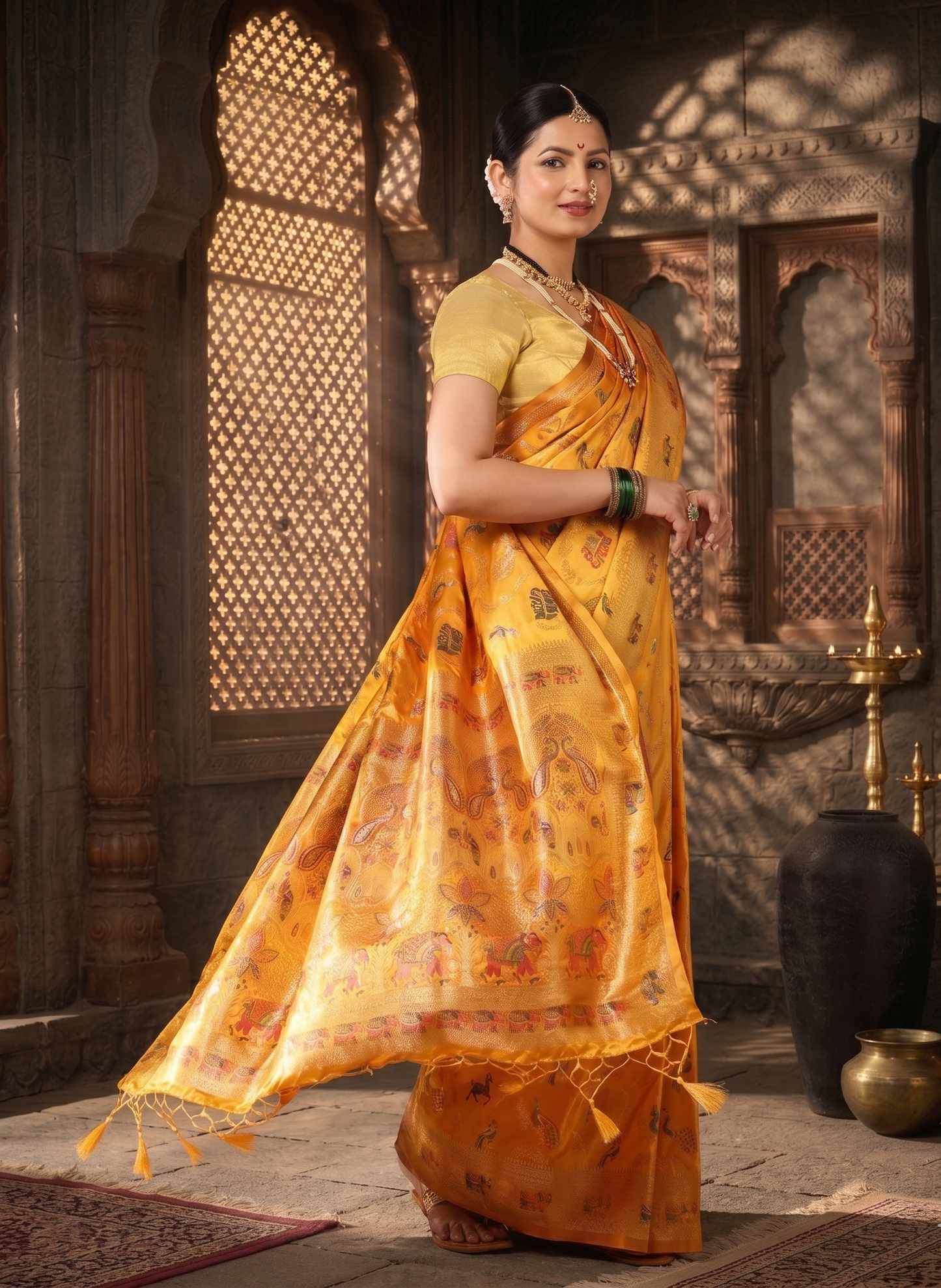 Mustard Woven Design Satin Saree