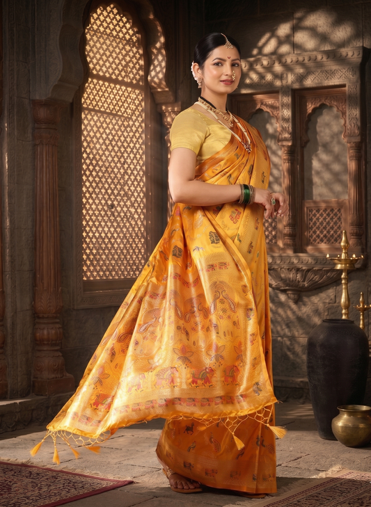 Mustard Woven Design Satin Saree