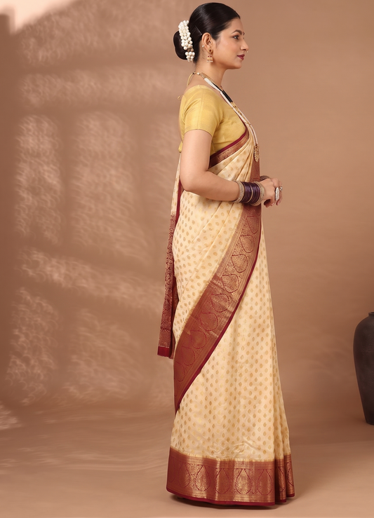 Off White Maroon Woven Design Balaton Saree