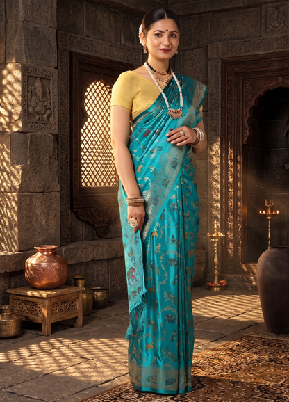 Dark Blue Woven Design Satin Saree