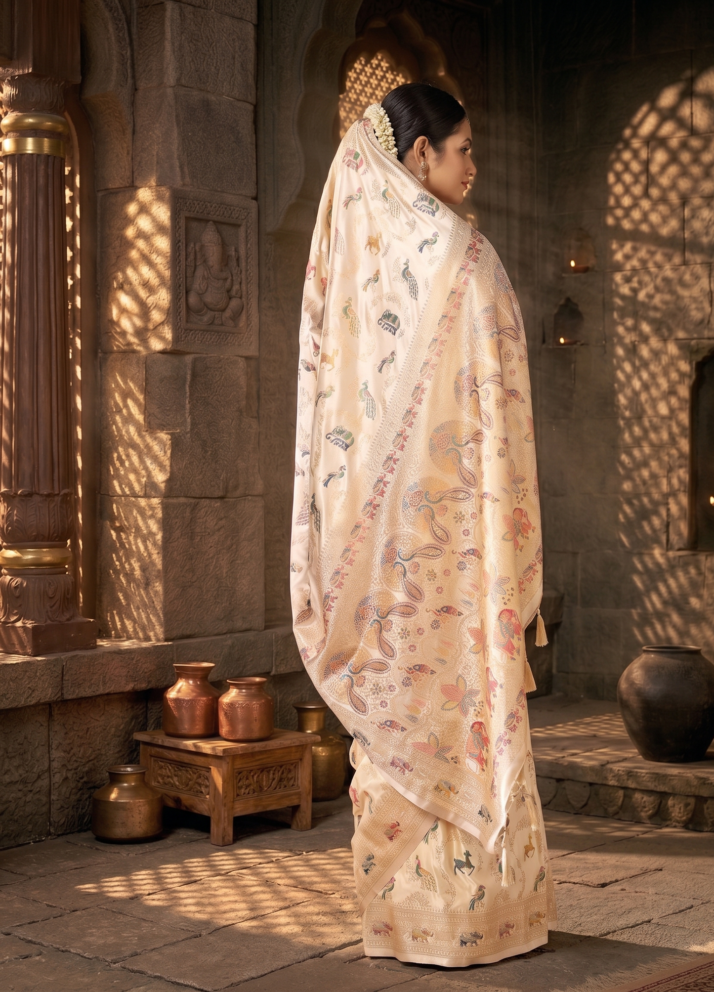 Off White Woven Design Satin Saree
