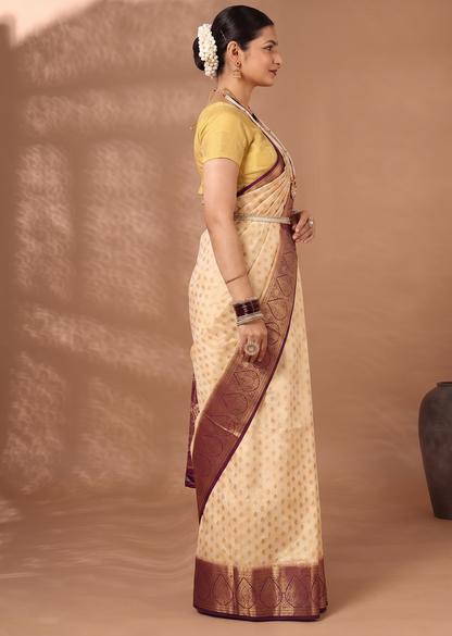 Off White Purple Woven Design Balaton Saree