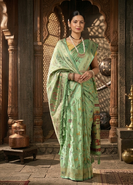 Pista Woven Design Satin Saree