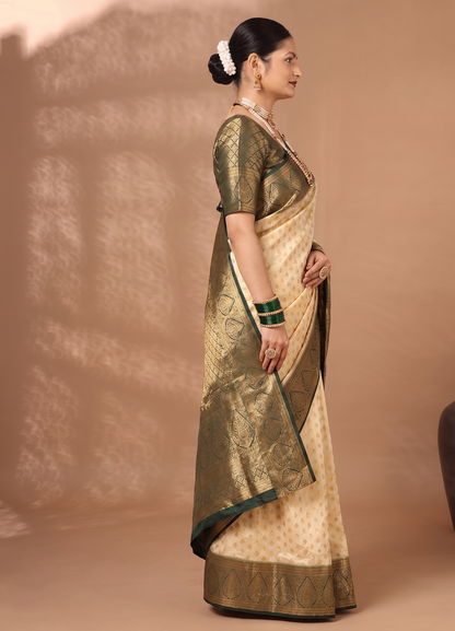 Off White Green Woven Design Balaton Saree