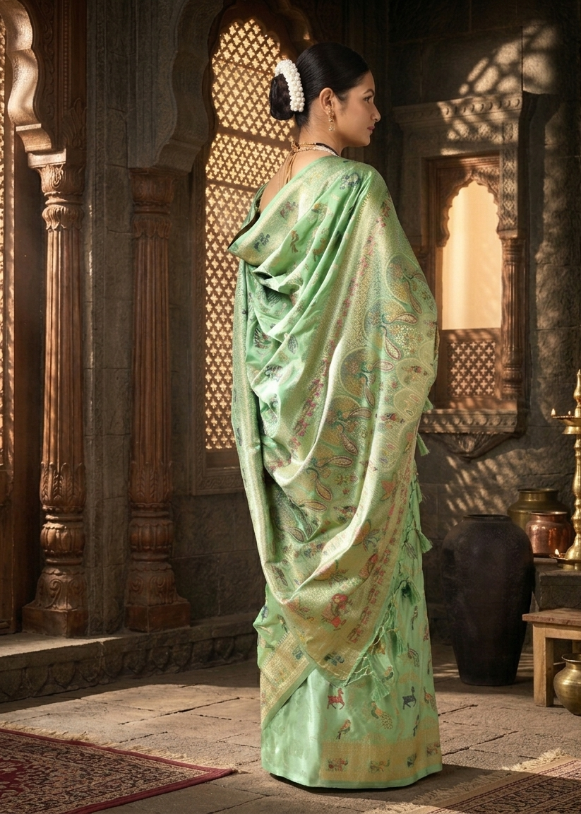 Pista Woven Design Satin Saree