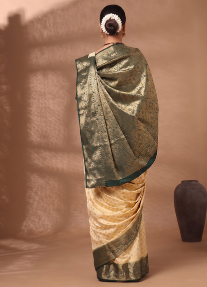 Off White Bottle Green Woven Design Balaton Saree