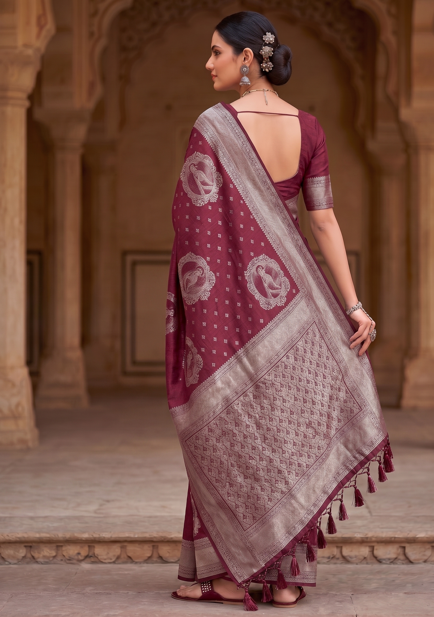 Wine Woven Design Kanjivaram Saree