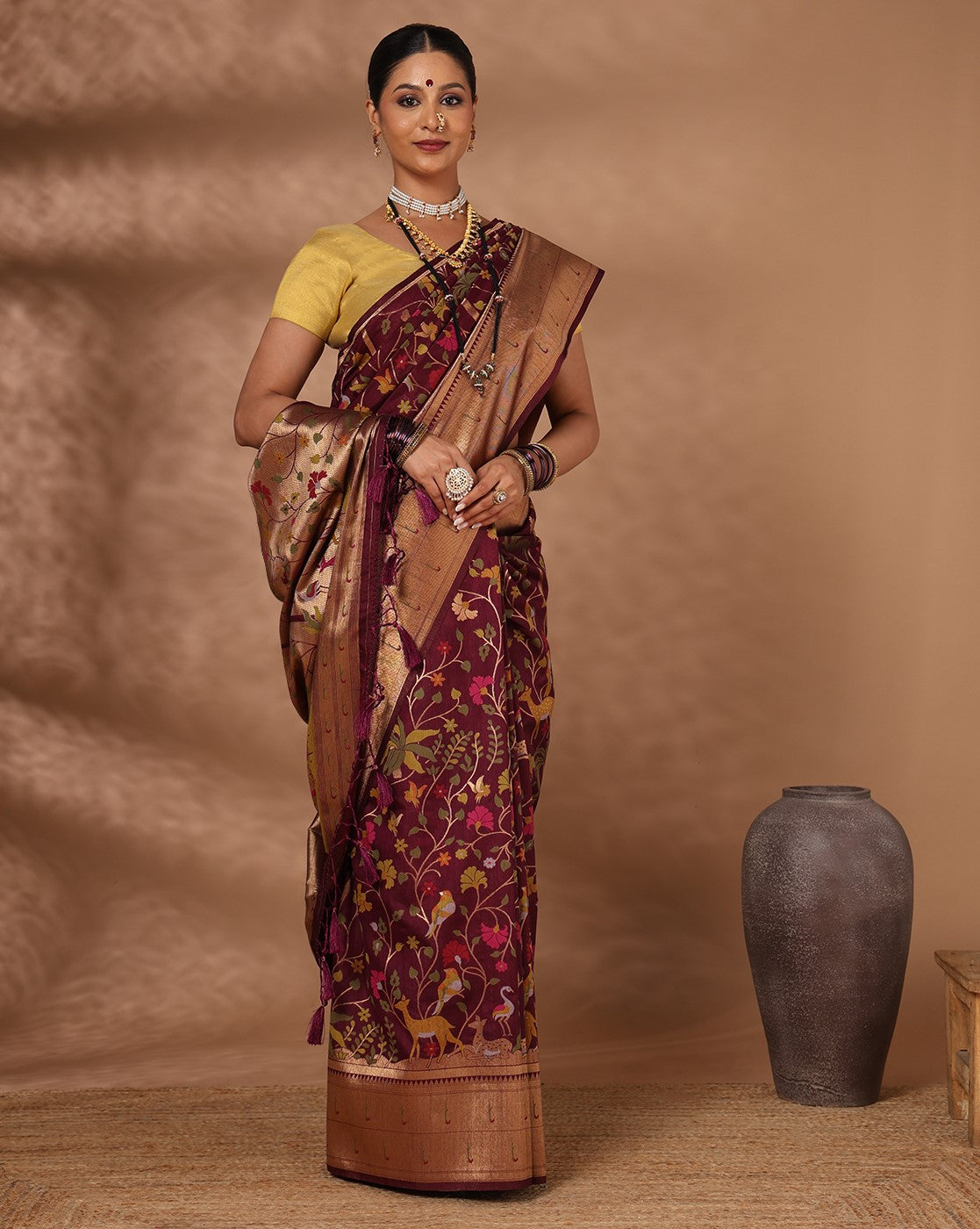 Wine Woven Design Dola Silk Saree