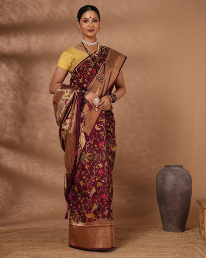 Wine Woven Design Dola Silk Saree