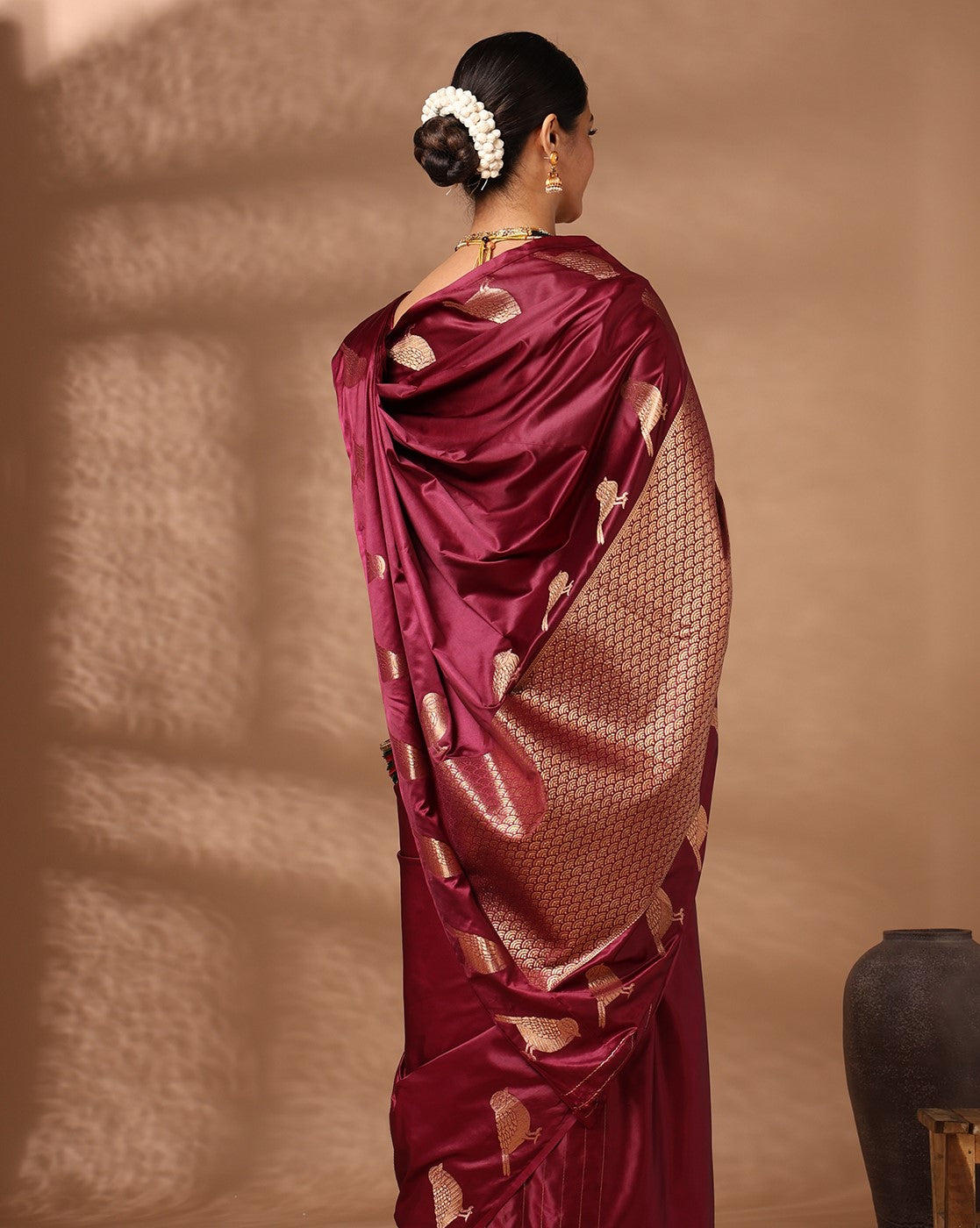 Wine Woven Design Crape Saree