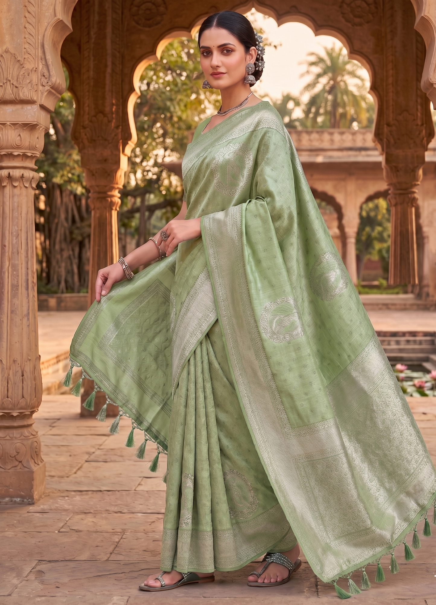 Pista Green Woven Design Kanjivaram Saree