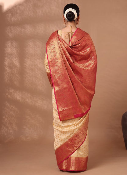 Off White Rani Woven Design Balaton Saree
