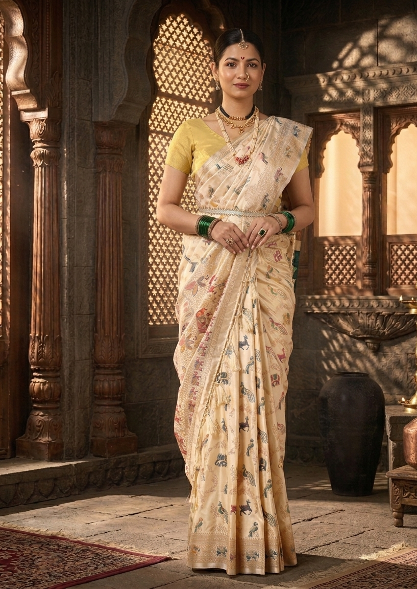 Off White Woven Design Satin Saree