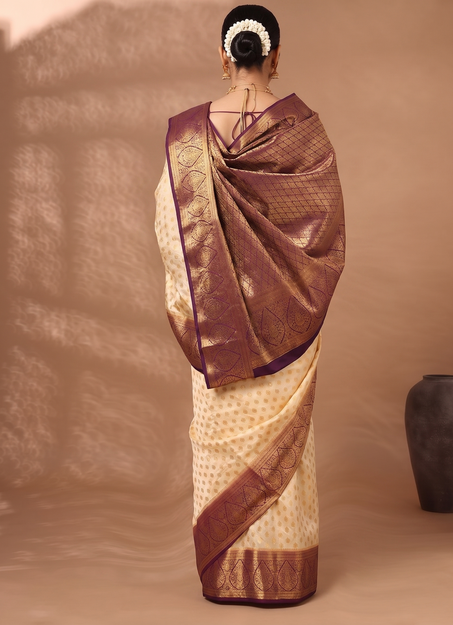 Off White Purple Woven Design Balaton Saree