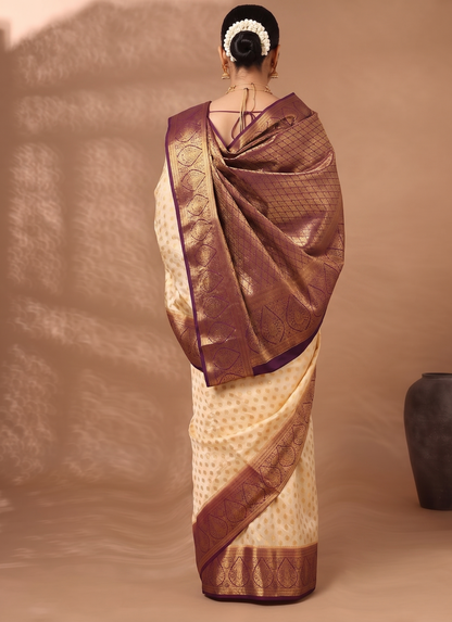 Off White Purple Woven Design Balaton Saree