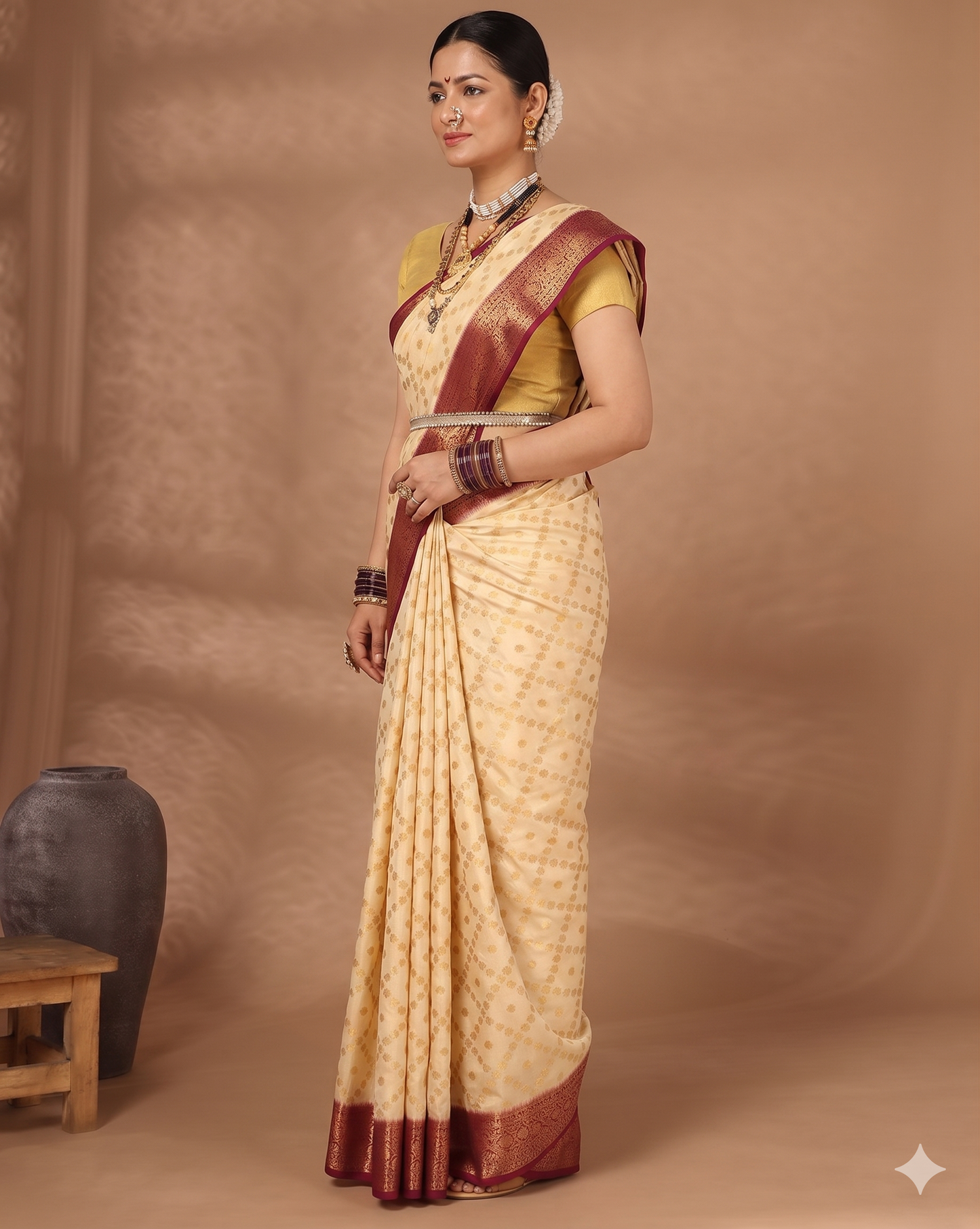 Off White Maroon Woven Design Balaton Saree