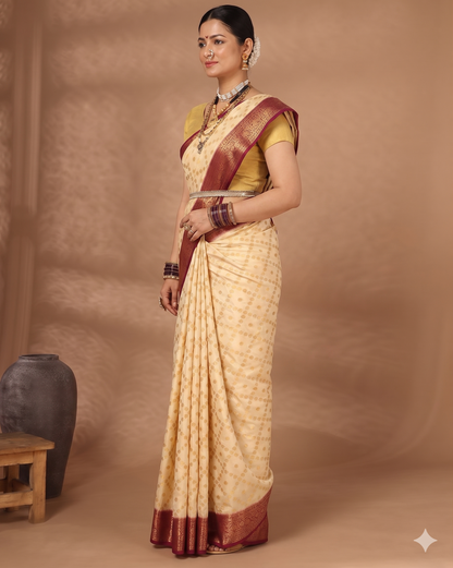 Off White Maroon Woven Design Balaton Saree