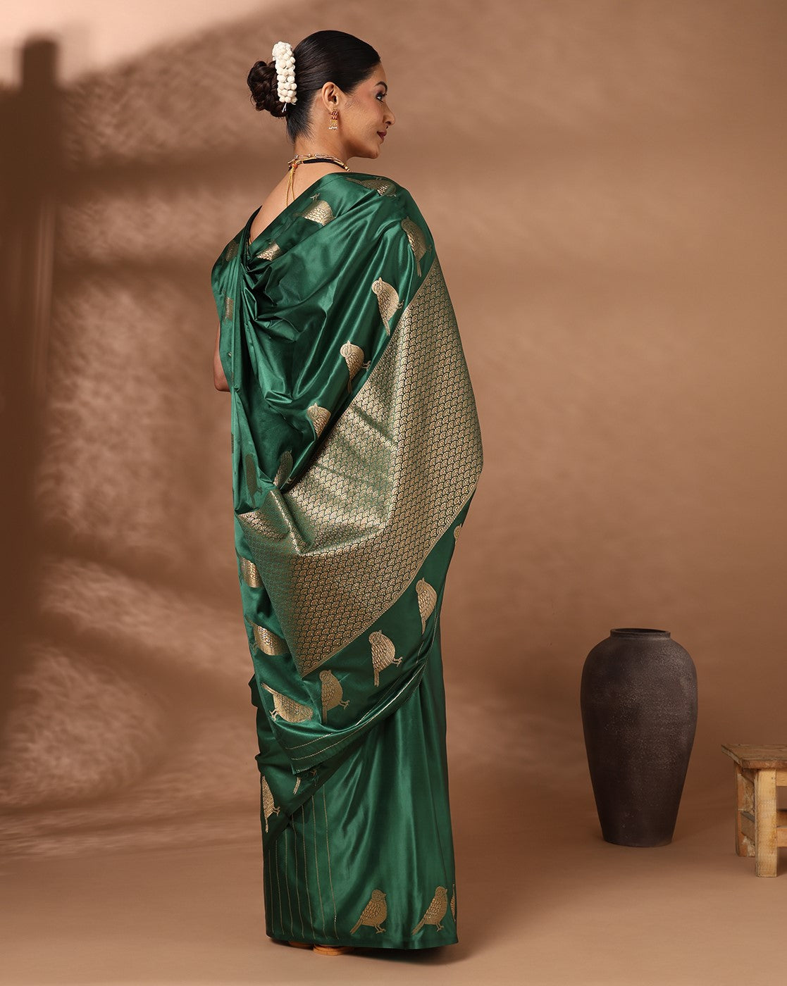 Dark Green Woven Design Crape Saree