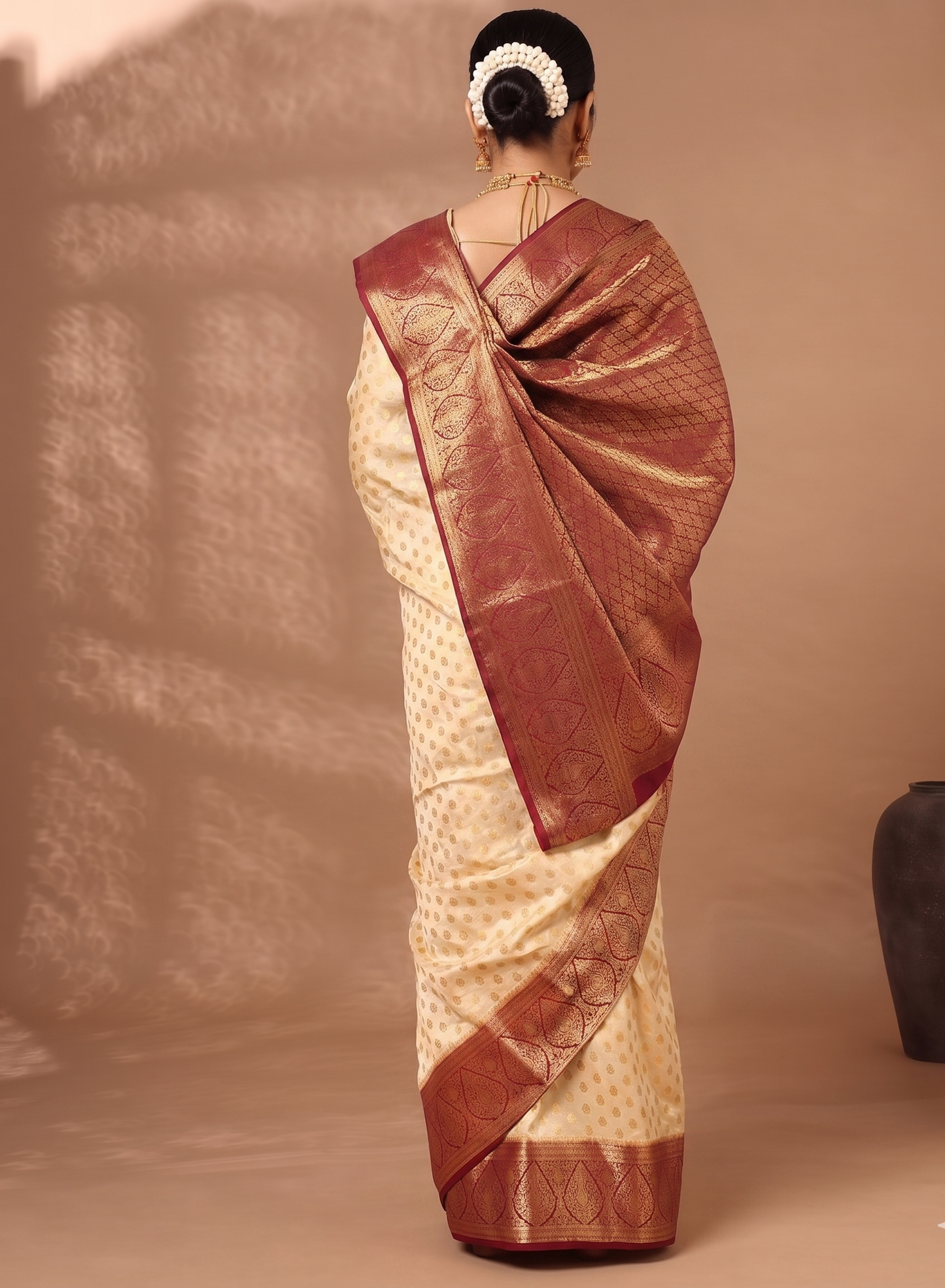 Off White Maroon Woven Design Balaton Saree