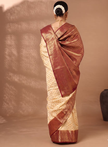 Off White Maroon Woven Design Balaton Saree